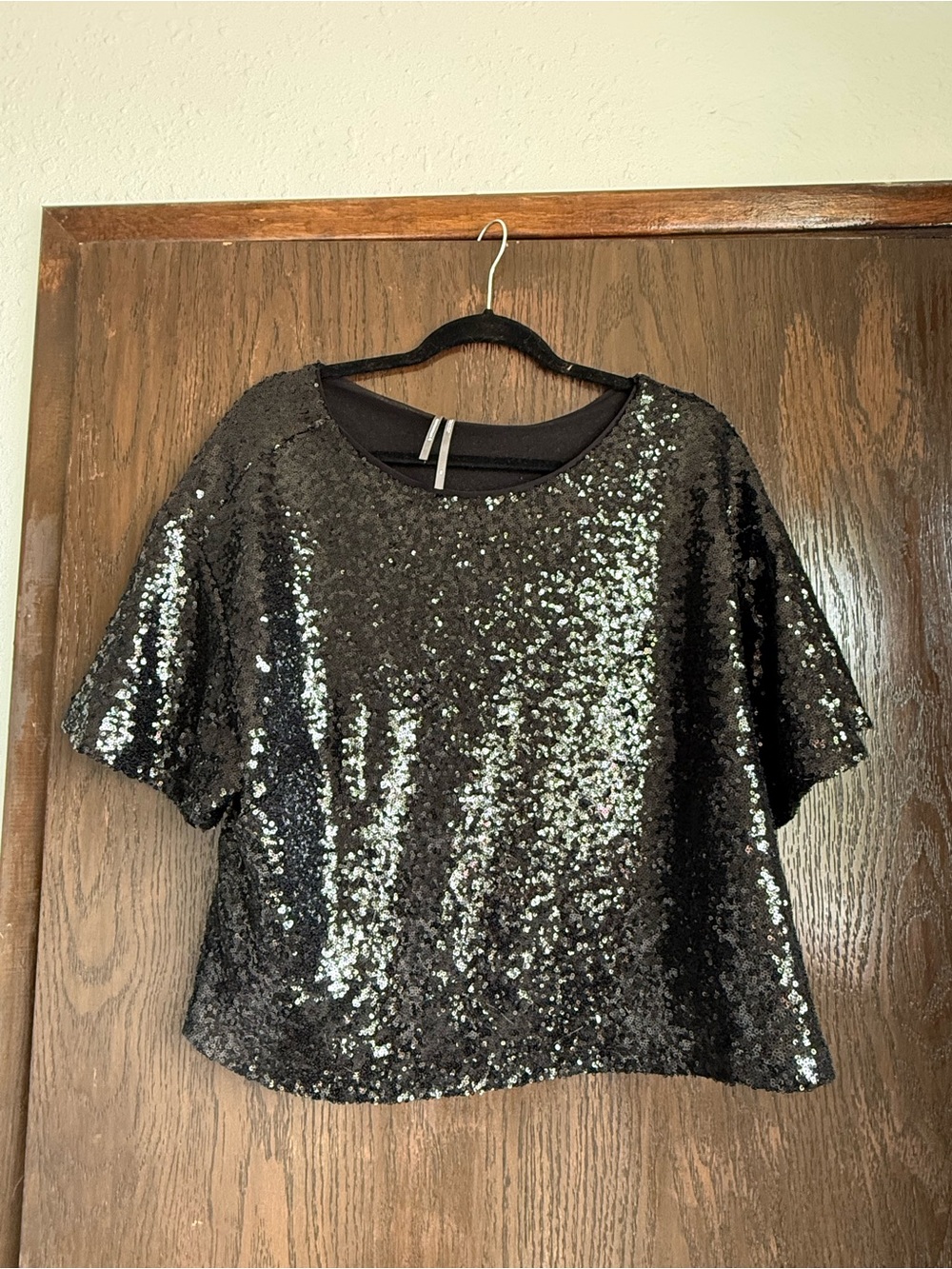 Anthropologie Black Sequin Short Sleeve Top